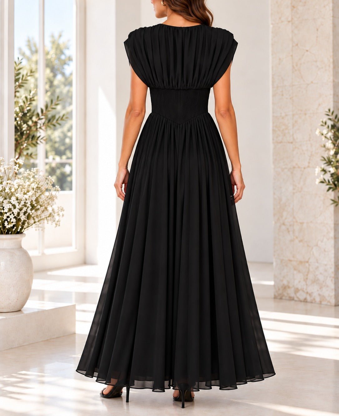 Ladies Black Pleated Maxi Smocked Maxi Dress - StylePhase SA