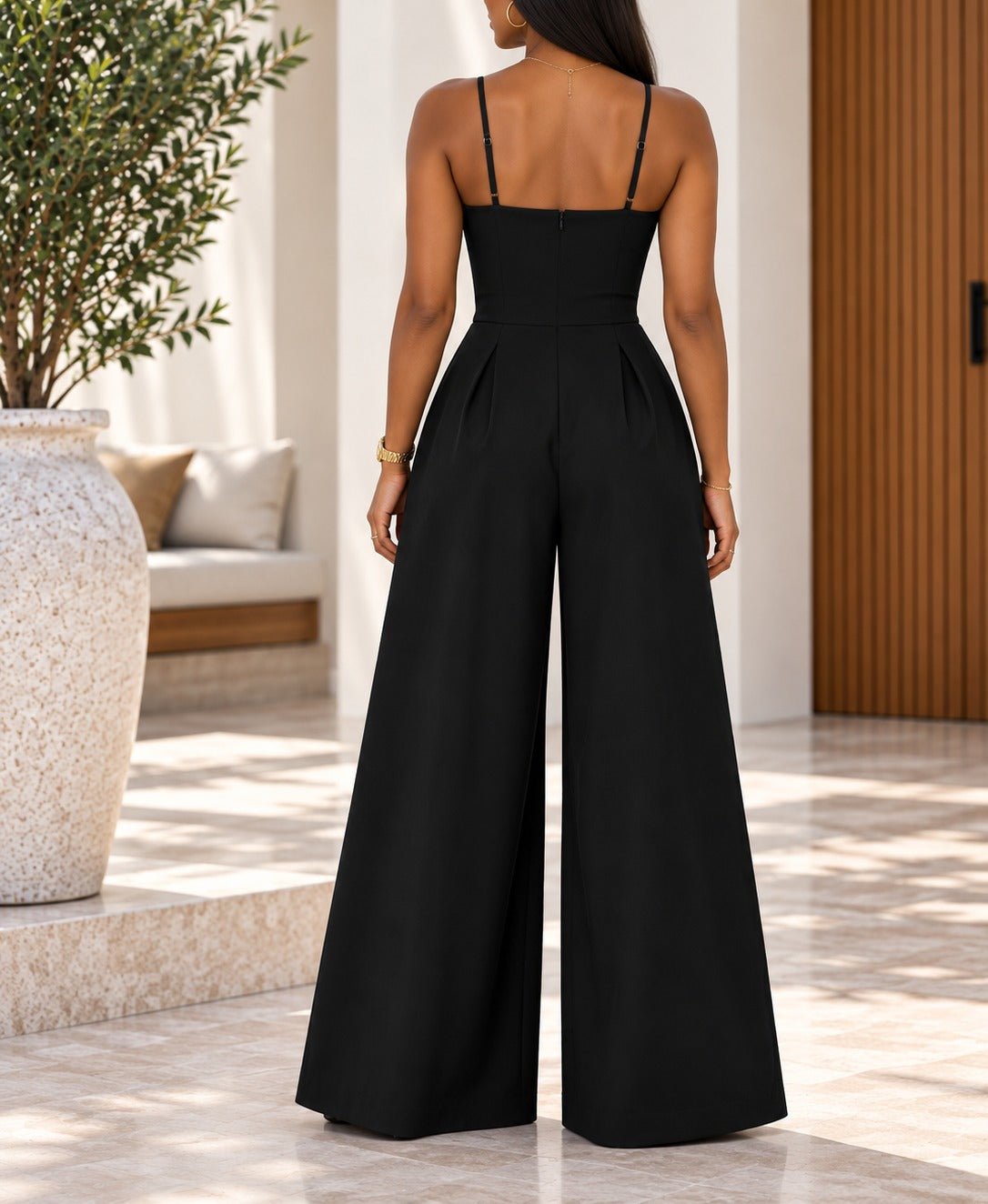 Ladies Black Pleated Wide Leg Button Detail Jumpsuit - StylePhase SA