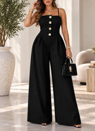 Ladies Black Pleated Wide Leg Button Detail Jumpsuit - StylePhase SA