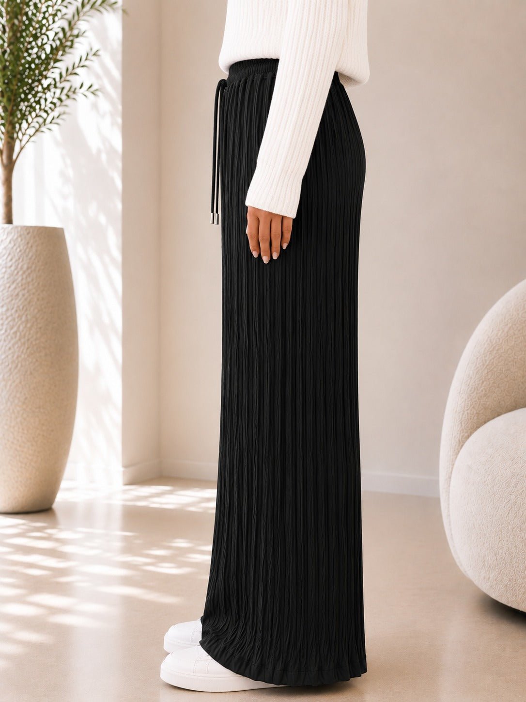 Ladies Black Pleated Wide Leg Pants - StylePhase SA