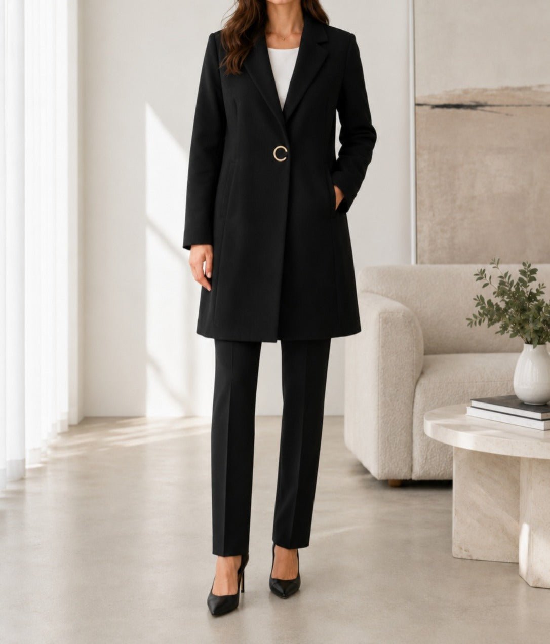 Ladies Black Press button Lined Coat - StylePhase SA
