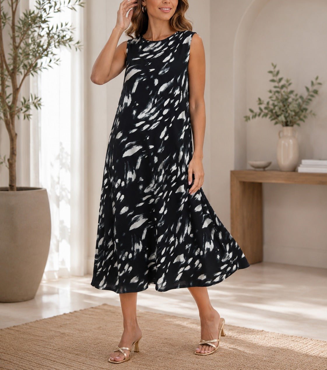 Ladies Black Printed Crinkle Sleeveless Dress - StylePhase SA