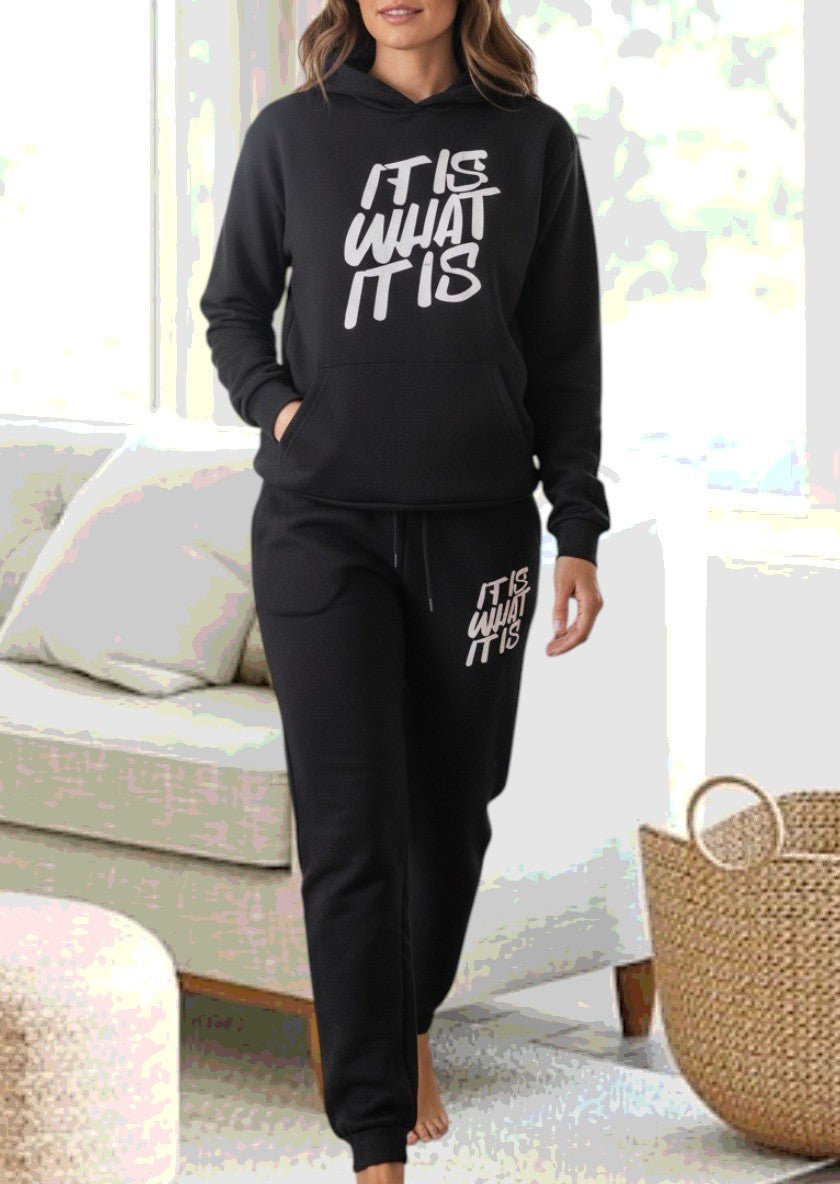 Ladies Black Printed Fleece Tracksuit - It Is What It Is - StylePhase SA