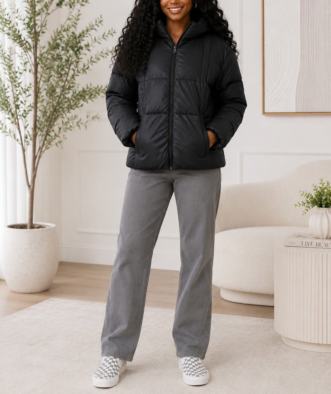 Ladies Black Puffer Hoody Jacket - StylePhase SA