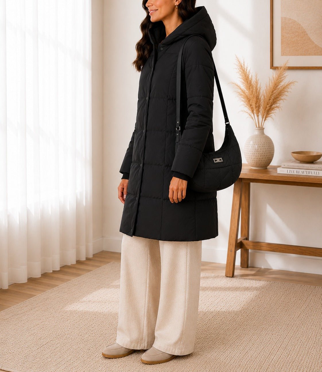 Ladies Black Puffer Jacket With Matching Bag - StylePhase SA