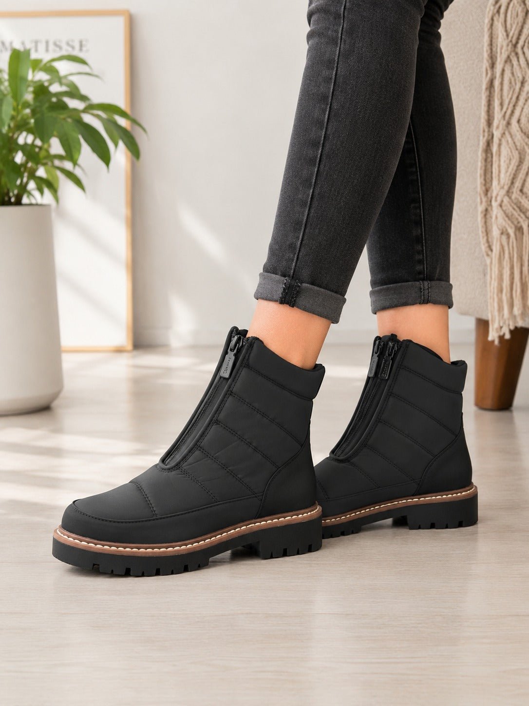 Ladies Black Quilted Front Zip Winter Ankle Boots - StylePhase SA