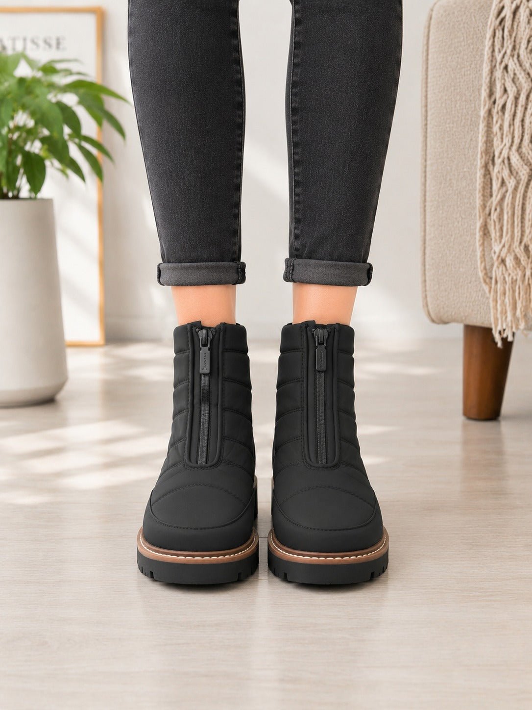 Ladies Black Quilted Front Zip Winter Ankle Boots - StylePhase SA