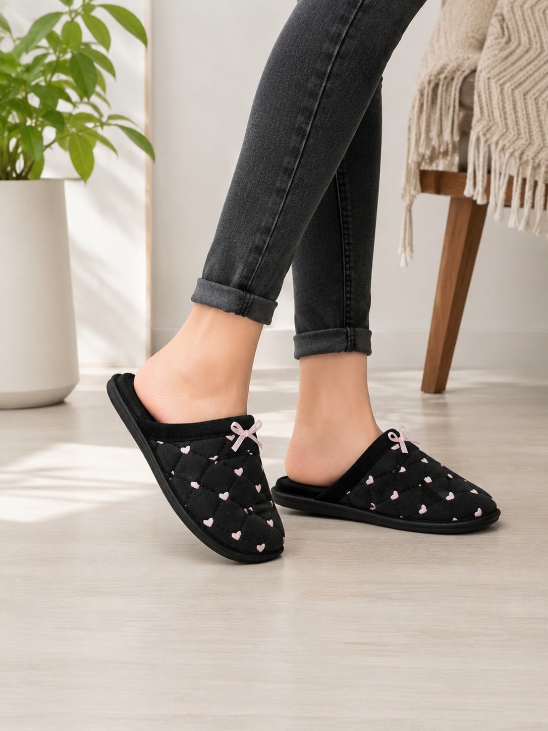 Ladies Black Quilted Heart Print Mule Slippers - StylePhase SA
