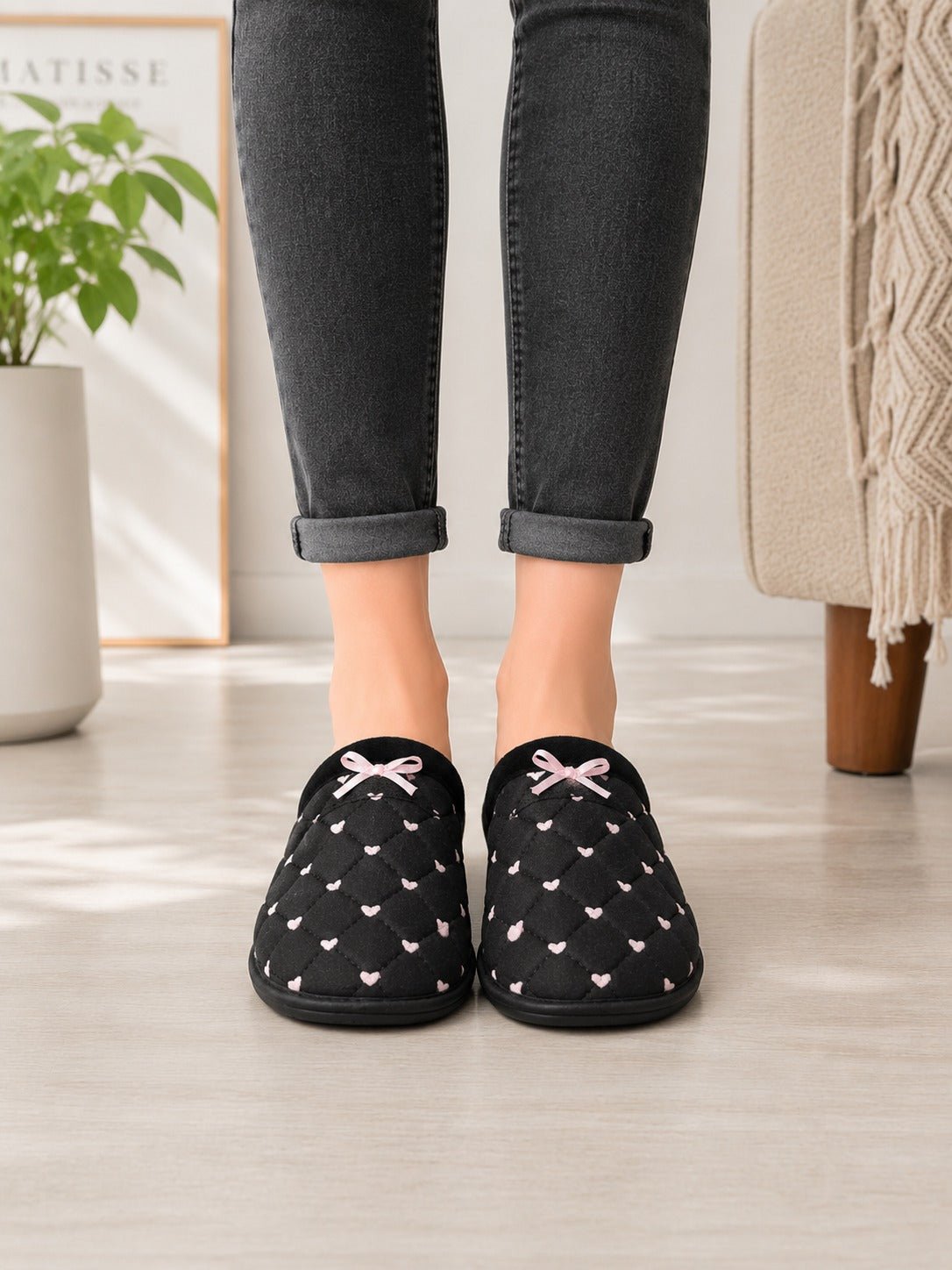 Ladies Black Quilted Heart Print Mule Slippers - StylePhase SA