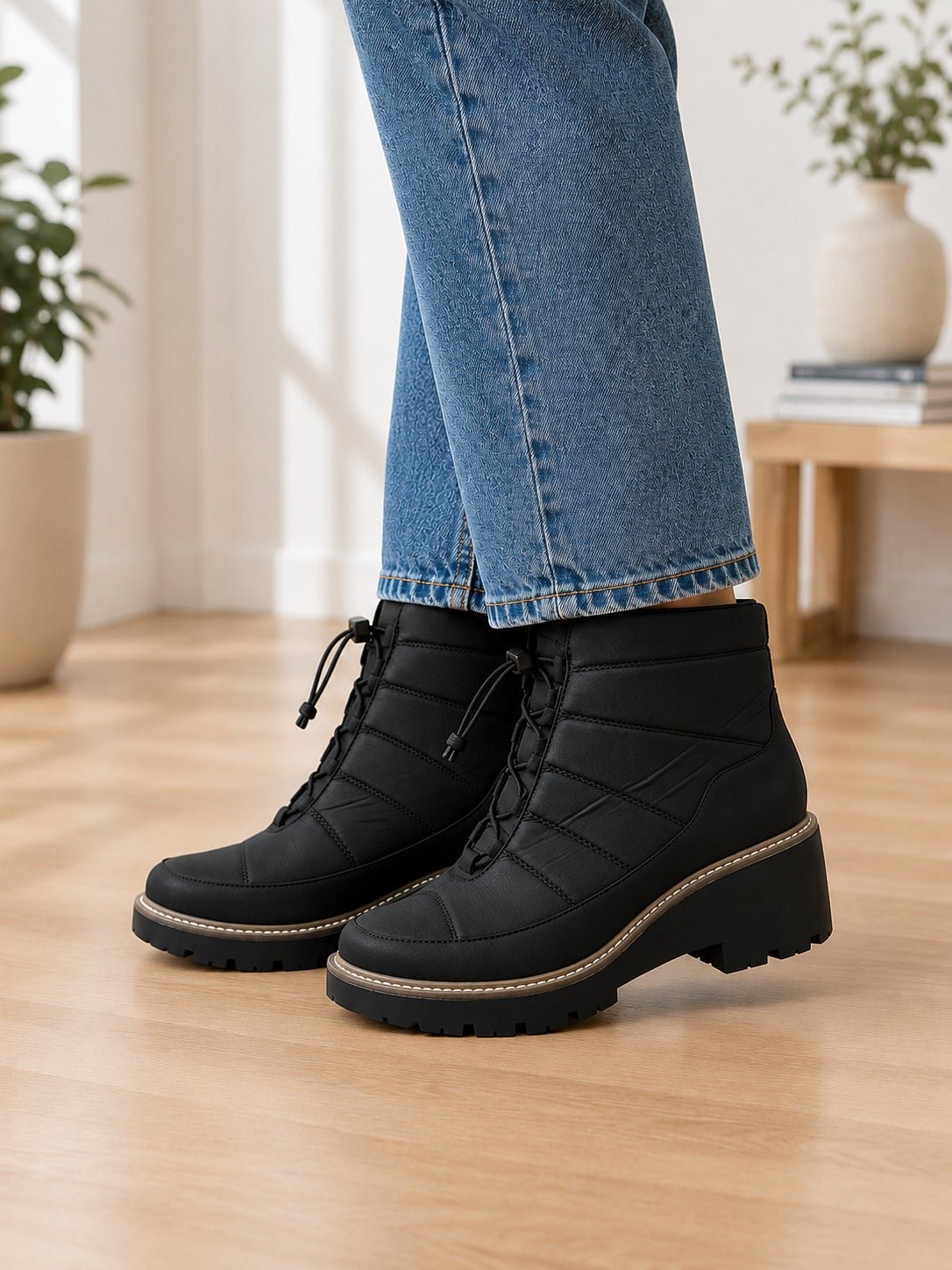 Ladies Black Quilted Tie Boots - StylePhase SA