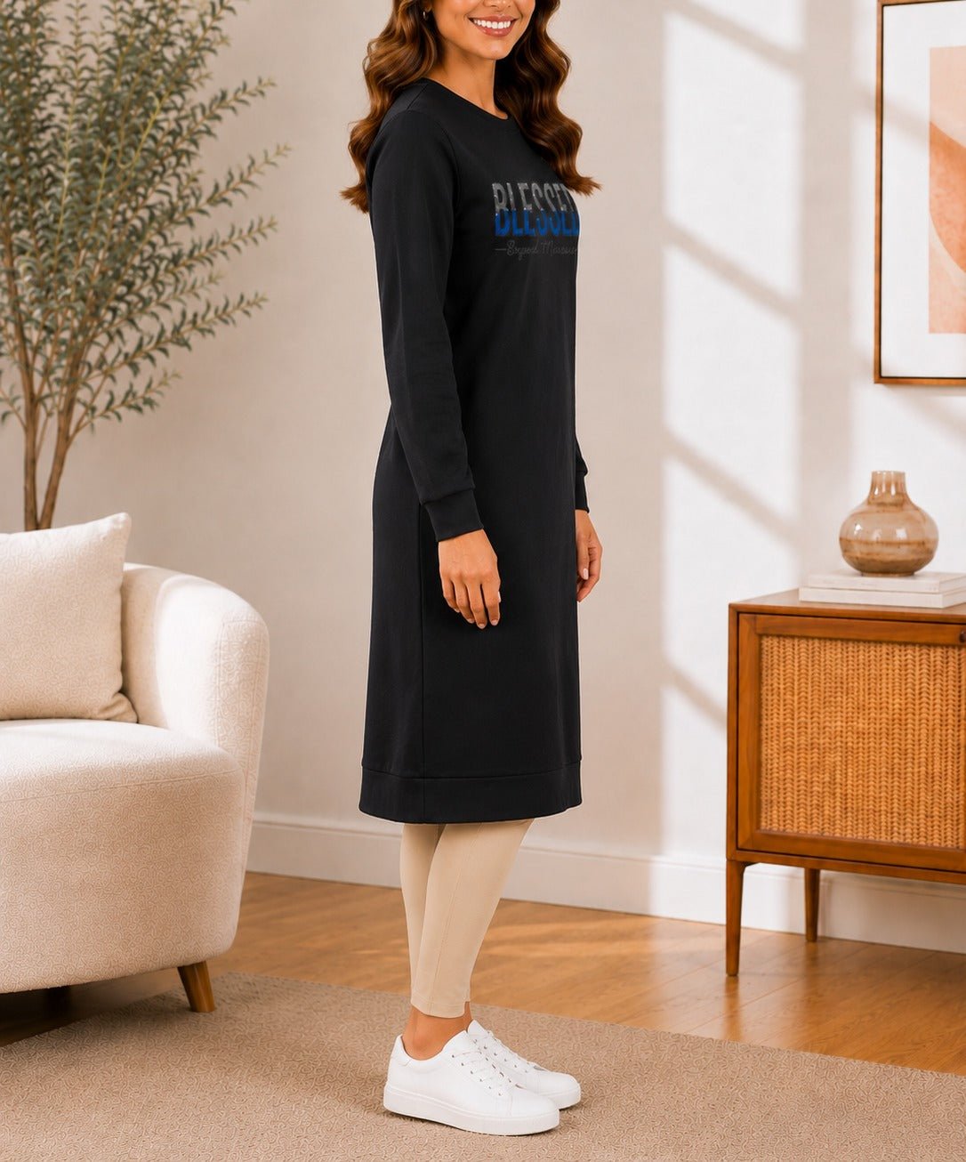 Ladies Black Rhinestone Long Length Sweatshirt Dress - StylePhase SA