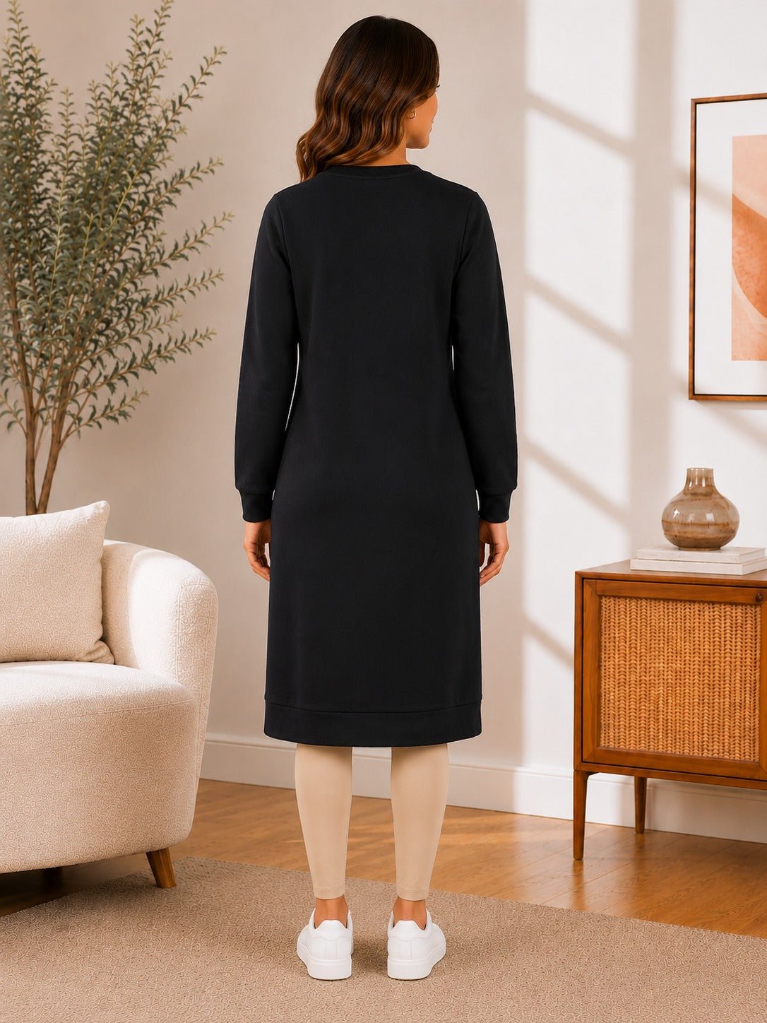 Ladies Black Rhinestone Long Length Sweatshirt Dress - StylePhase SA