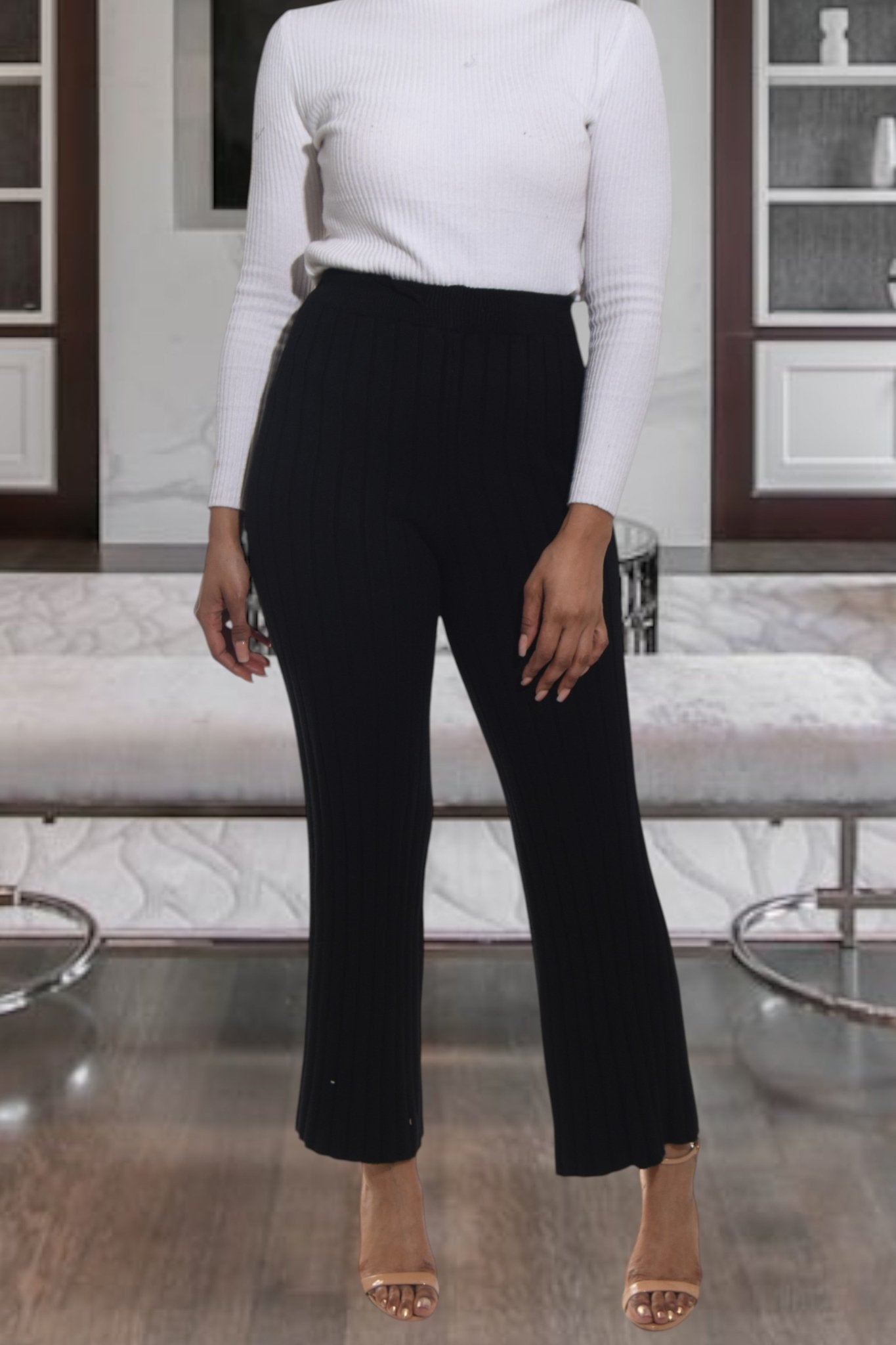 Ladies Black Rib High Waist Pants - StylePhase SA