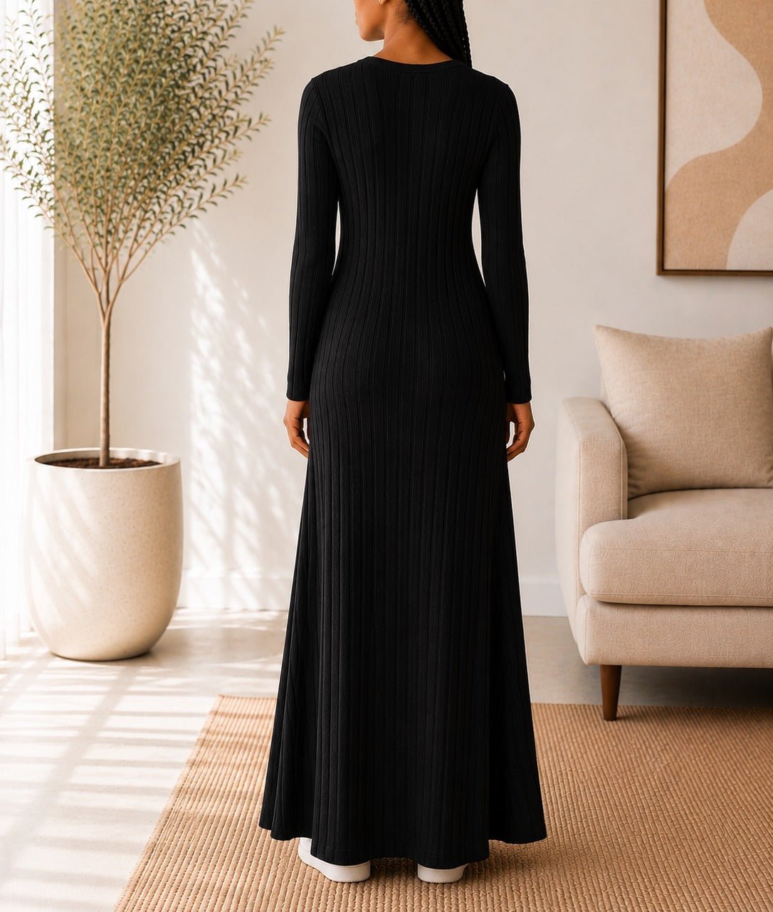 Ladies Black Ribbed Knit Maxi Dress - StylePhase SA