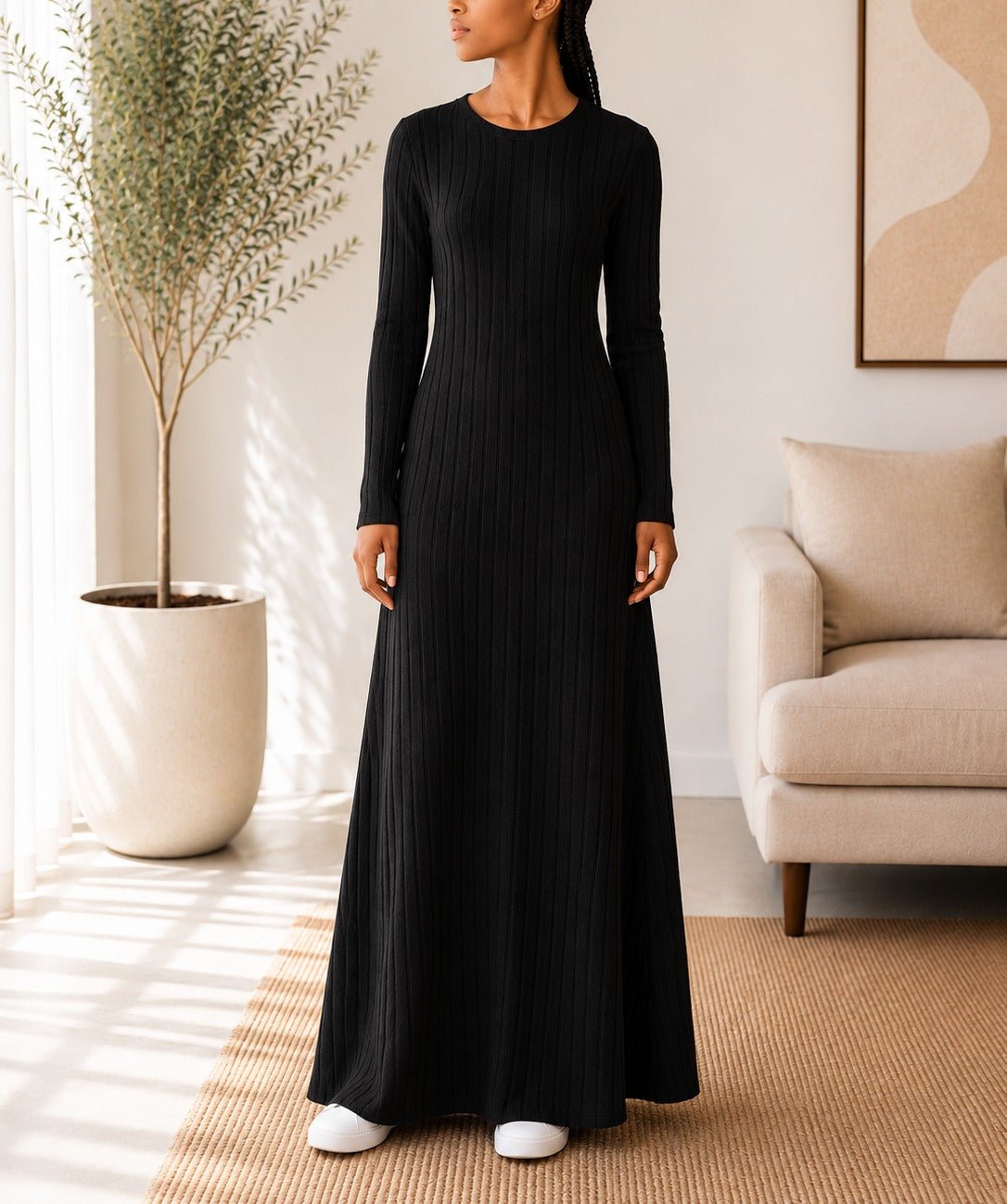 Ladies Black Ribbed Knit Maxi Dress - StylePhase SA