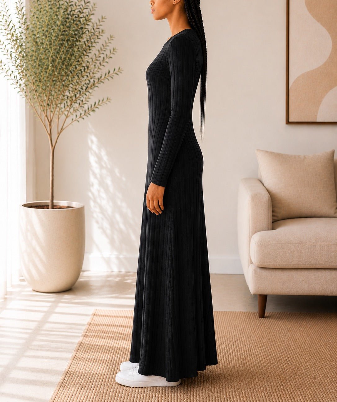 Ladies Black Ribbed Knit Maxi Dress - StylePhase SA