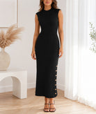Ladies Black Ribbed Knit Side Slit Dress - StylePhase SA