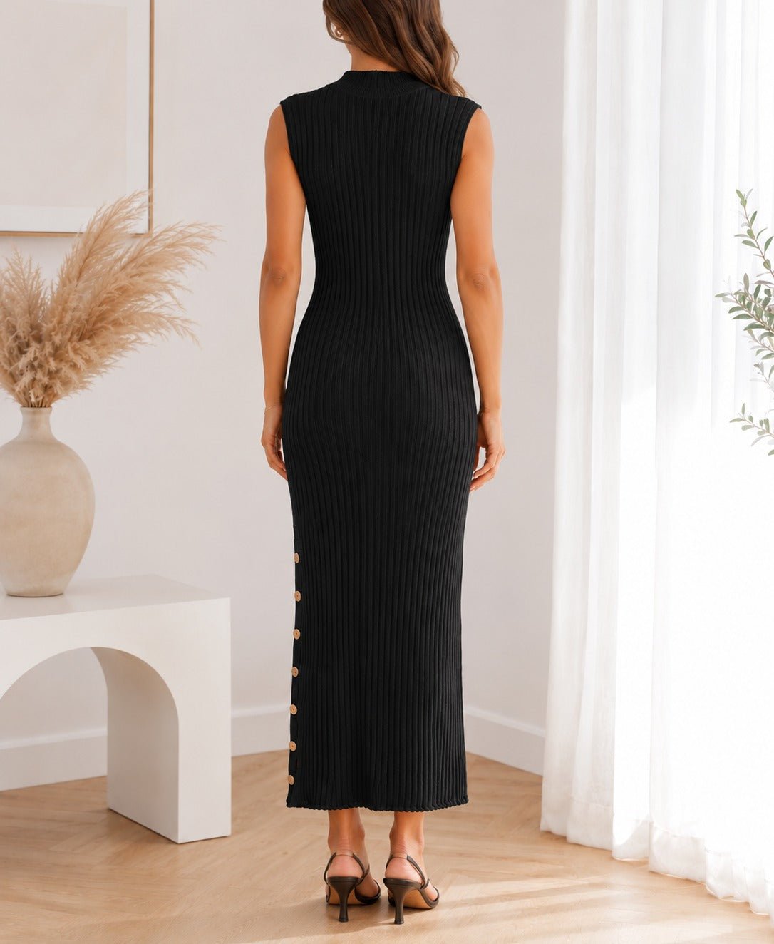 Ladies Black Ribbed Knit Side Slit Dress - StylePhase SA