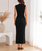 Ladies Black Ribbed Knit Side Slit Dress - StylePhase SA