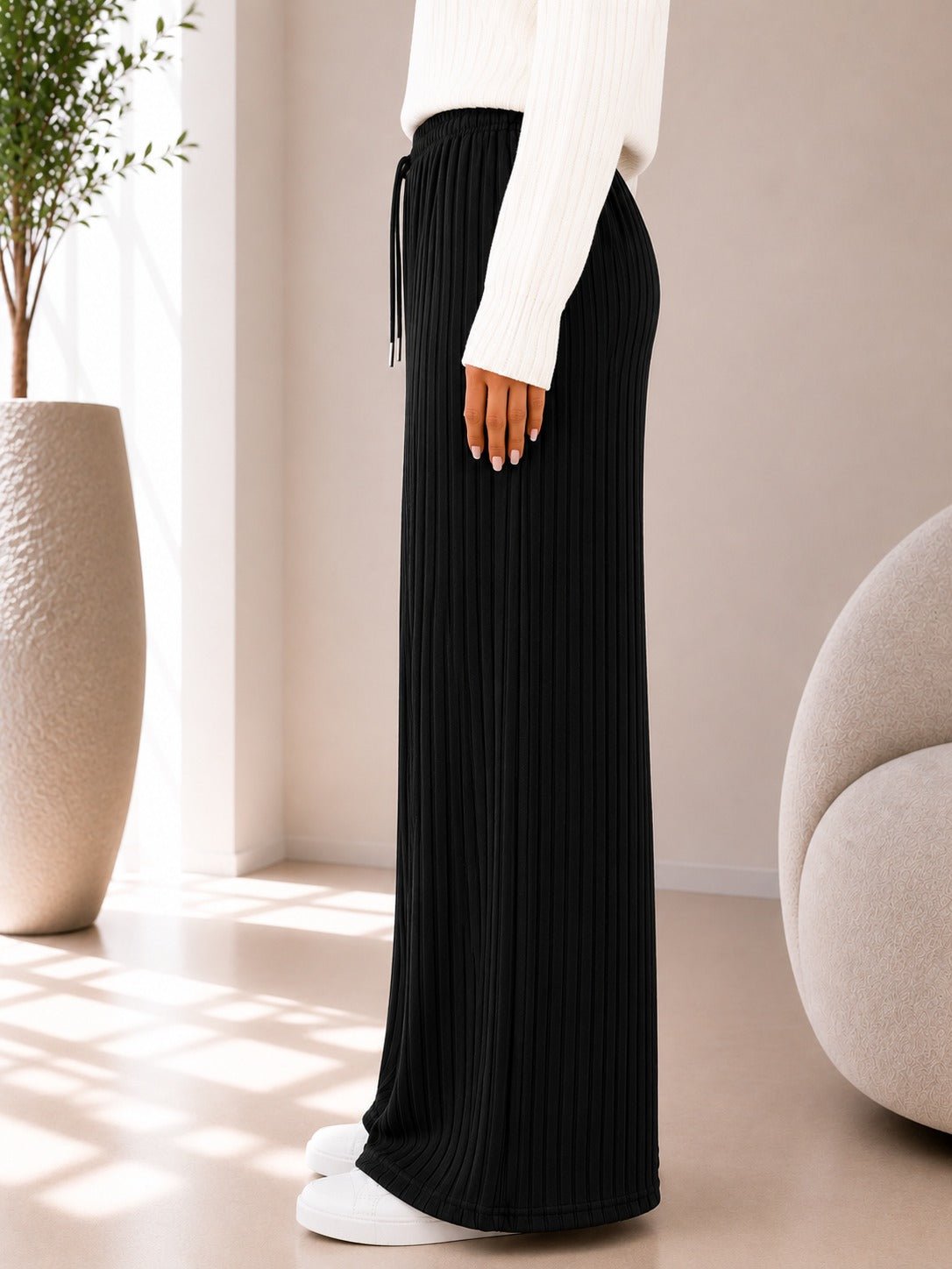 Ladies Black Ribbed Knit Wide Leg Pants - StylePhase SA