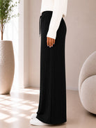 Ladies Black Ribbed Knit Wide Leg Pants - StylePhase SA