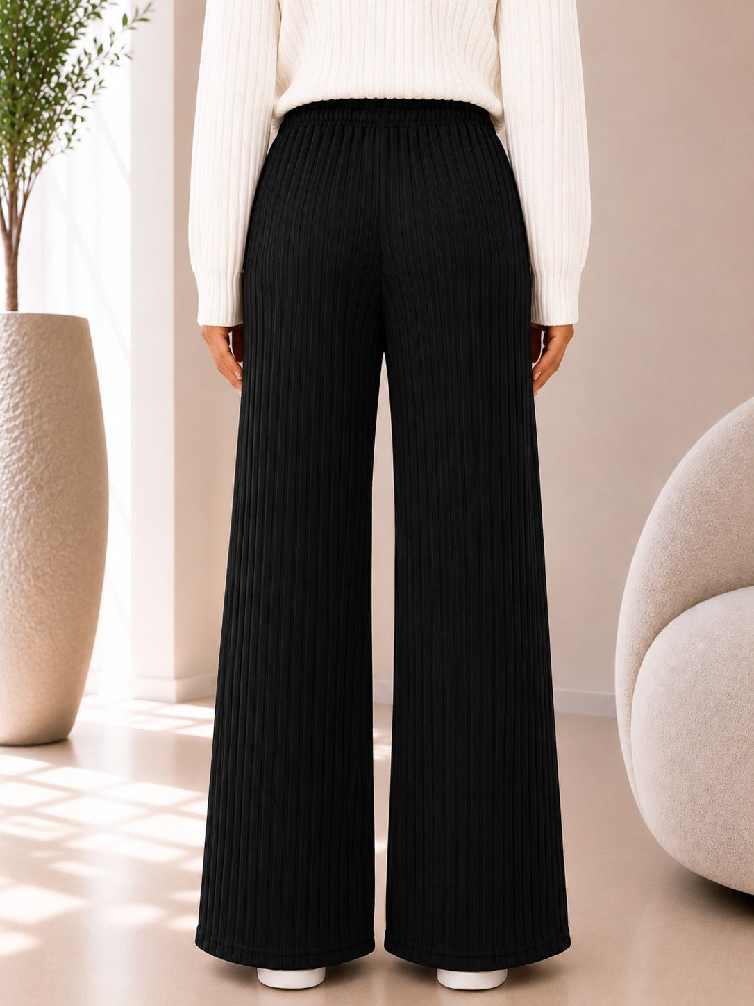 Ladies Black Ribbed Knit Wide Leg Pants - StylePhase SA