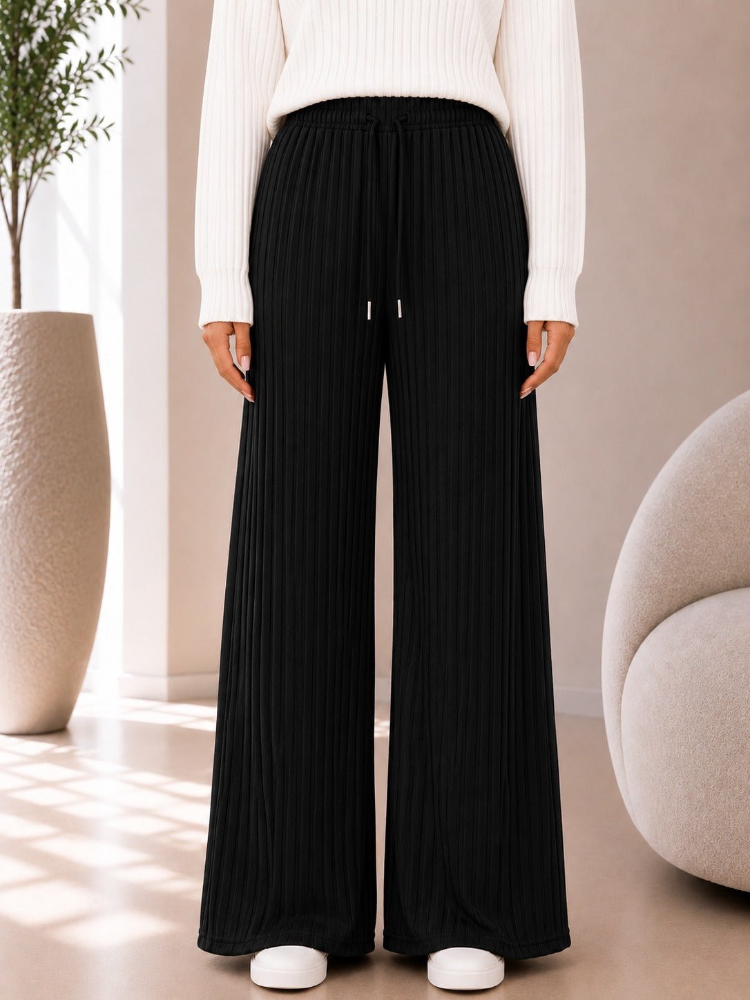 Ladies Black Ribbed Knit Wide Leg Pants - StylePhase SA