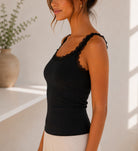 Ladies Black Ribbed Lace-Trim Tank top - StylePhase SA