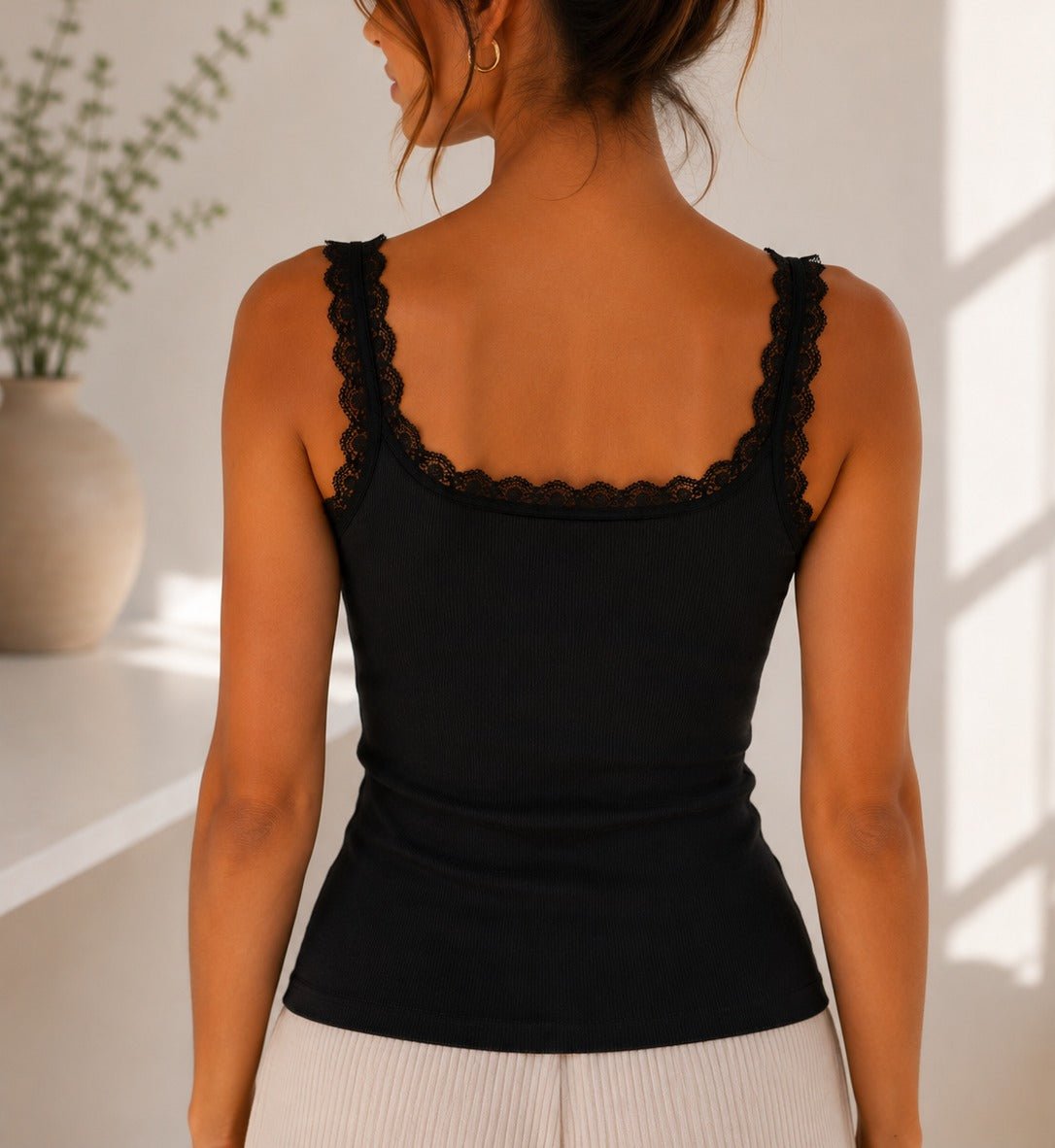 Ladies Black Ribbed Lace-Trim Tank top - StylePhase SA