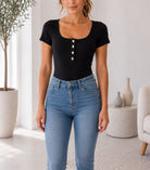 Ladies Black Ribbed Short Sleeve Bodysuit - StylePhase SA
