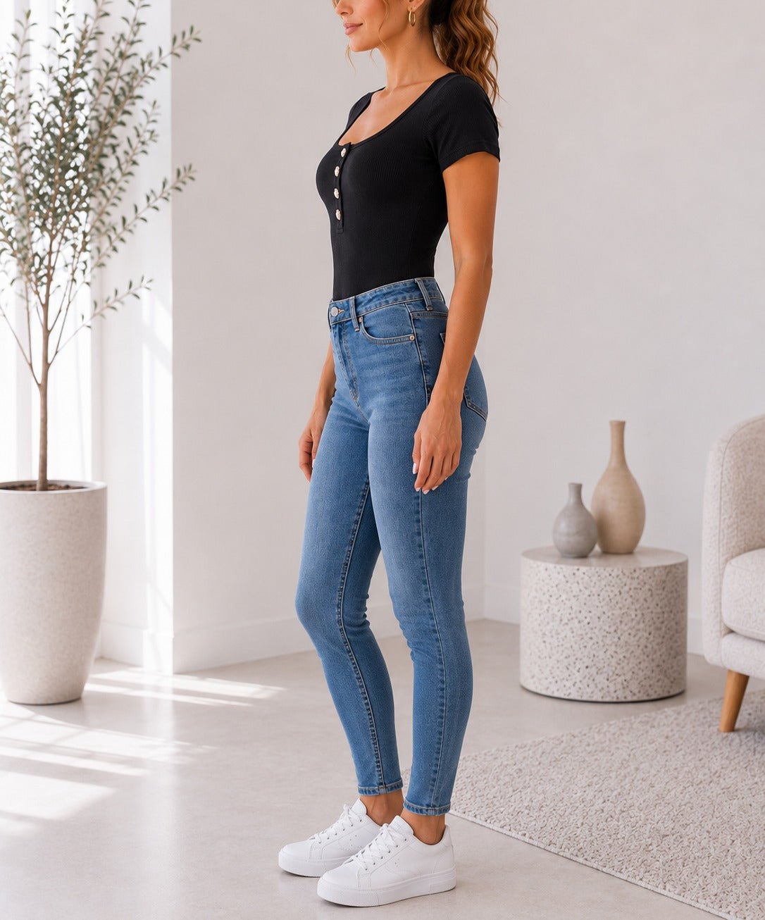 Ladies Black Ribbed Short Sleeve Bodysuit - StylePhase SA