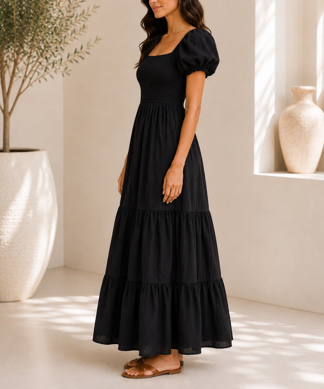 Ladies Black Ruched Tiered Dress - StylePhase SA