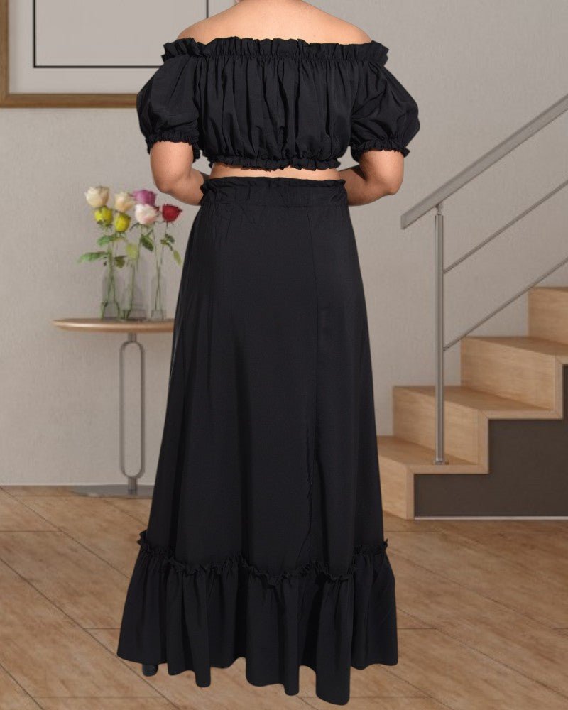 Ladies Black Ruffle Trim Crop Top and High Slit Skirt Set - StylePhase SA