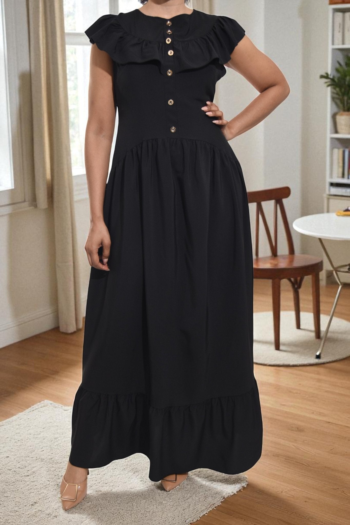 Ladies Black Ruffled Button Tier Dress - StylePhase SA