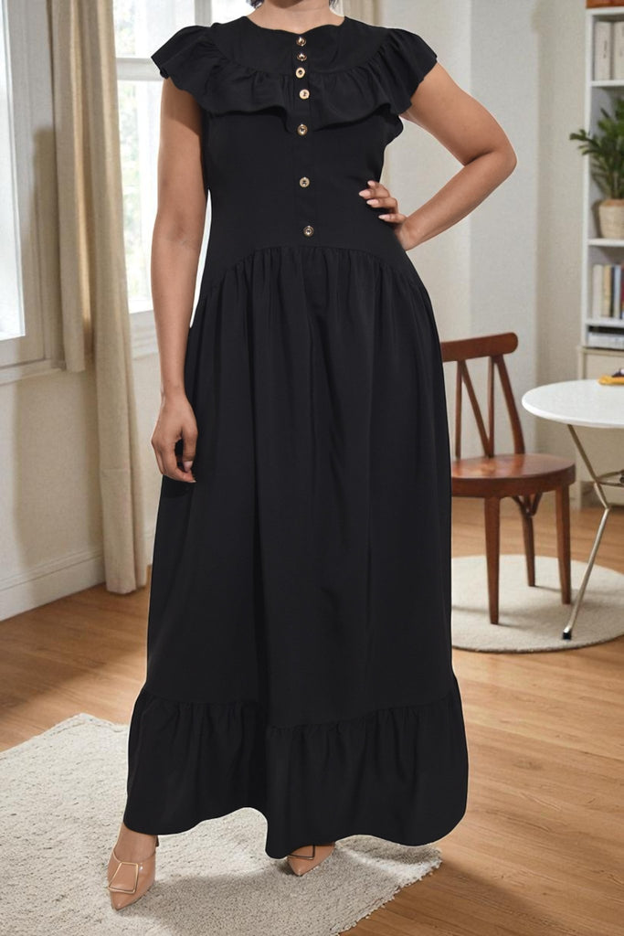Ladies Black Ruffled Button Tier Dress - StylePhase SA