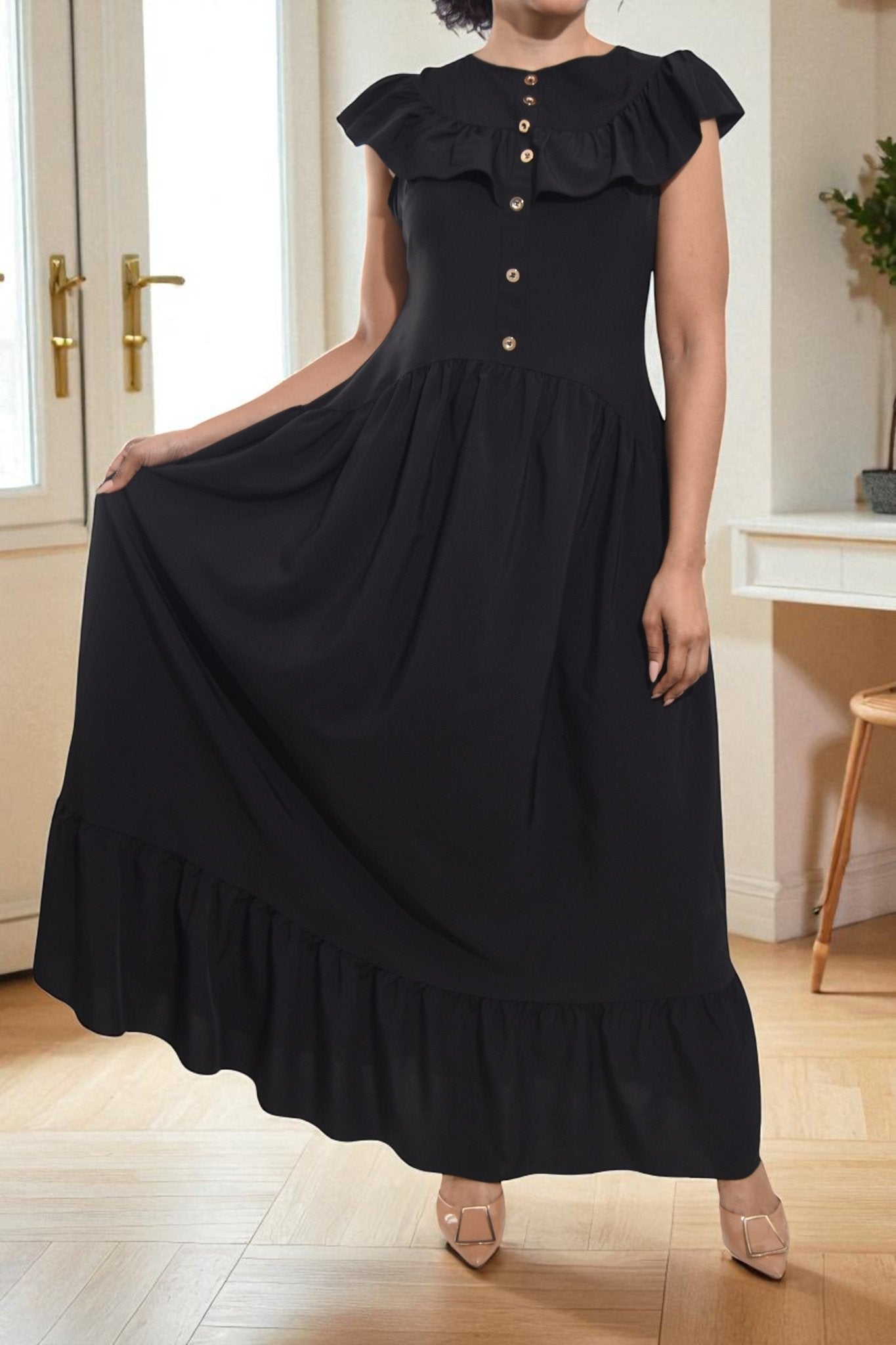 Ladies Black Ruffled Button Tier Dress - StylePhase SA