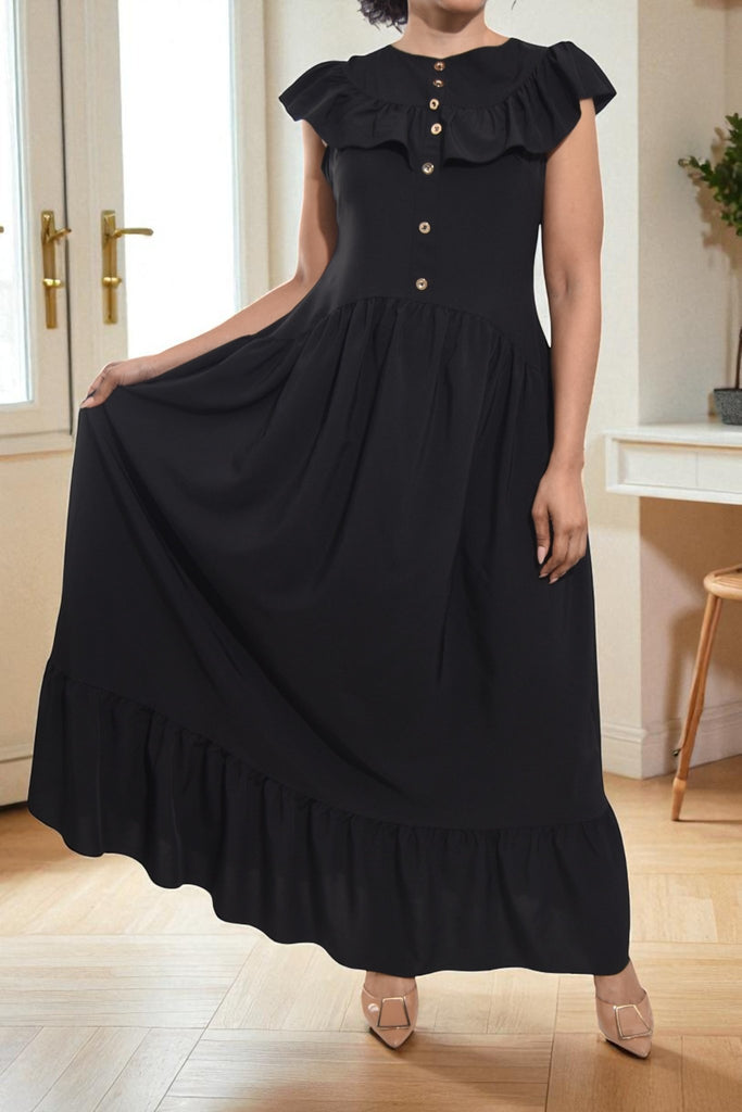 Ladies Black Ruffled Button Tier Dress - StylePhase SA