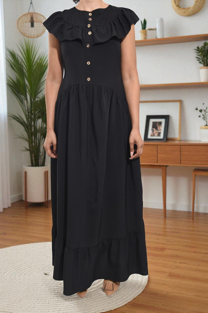 Ladies Black Ruffled Button Tier Dress - StylePhase SA