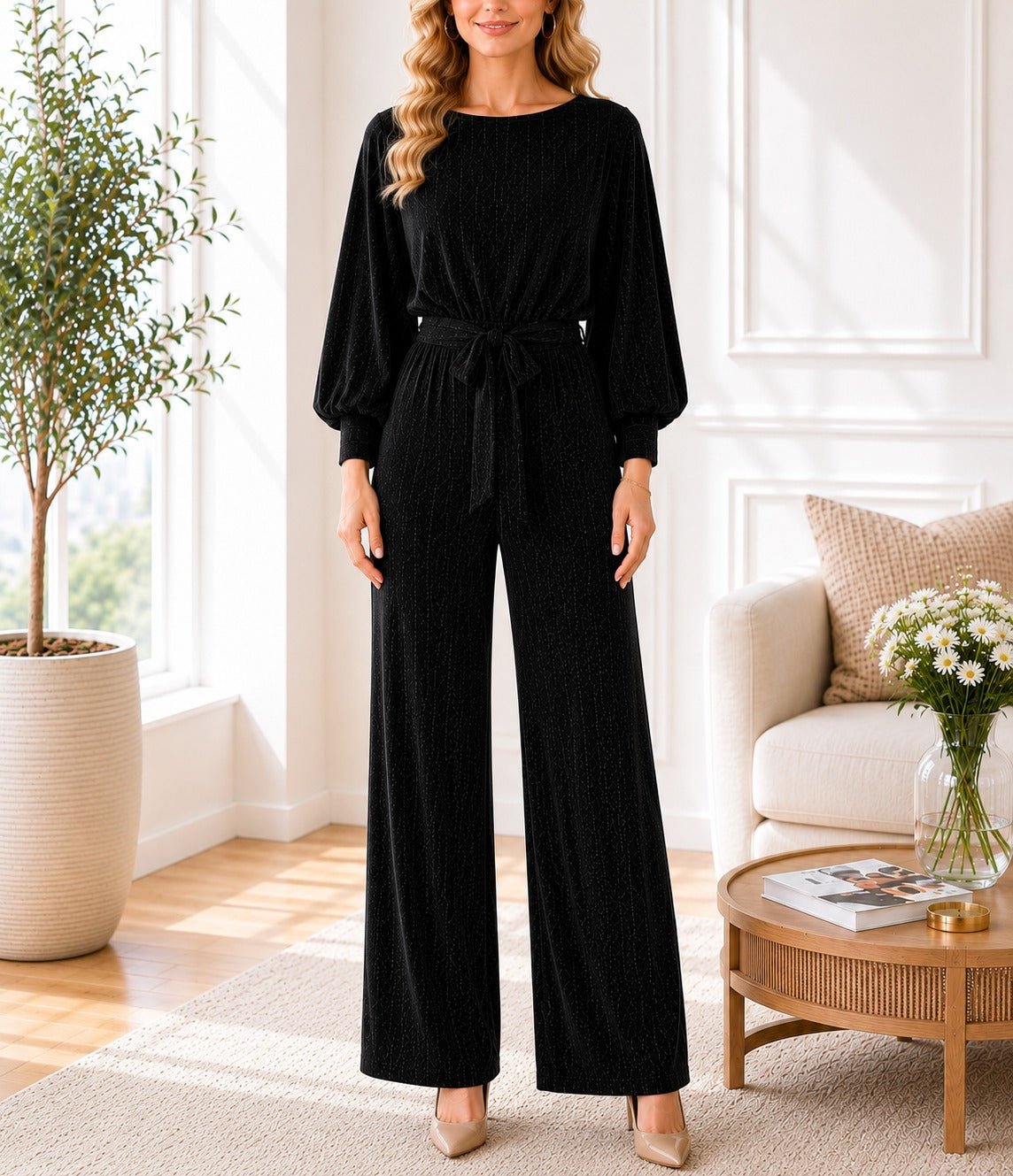 Ladies Black Shimmer Tie Jumpsuit - New Feeling - StylePhase SA