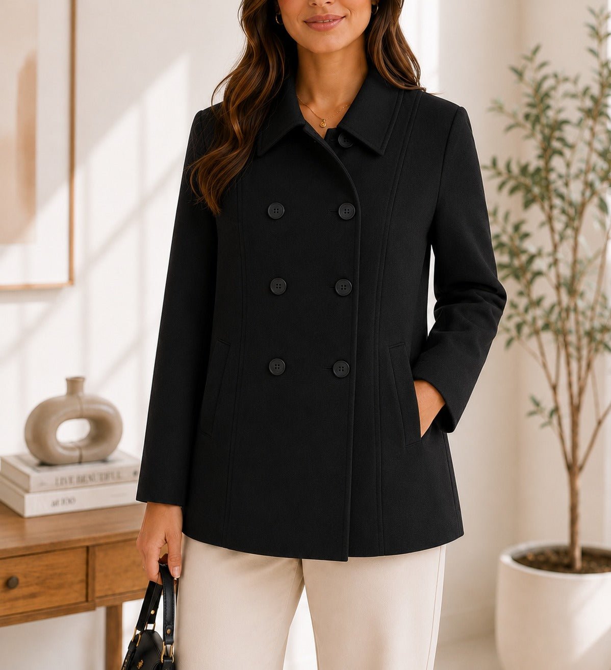 Ladies Black Short Melton Line Coat - StylePhase SA