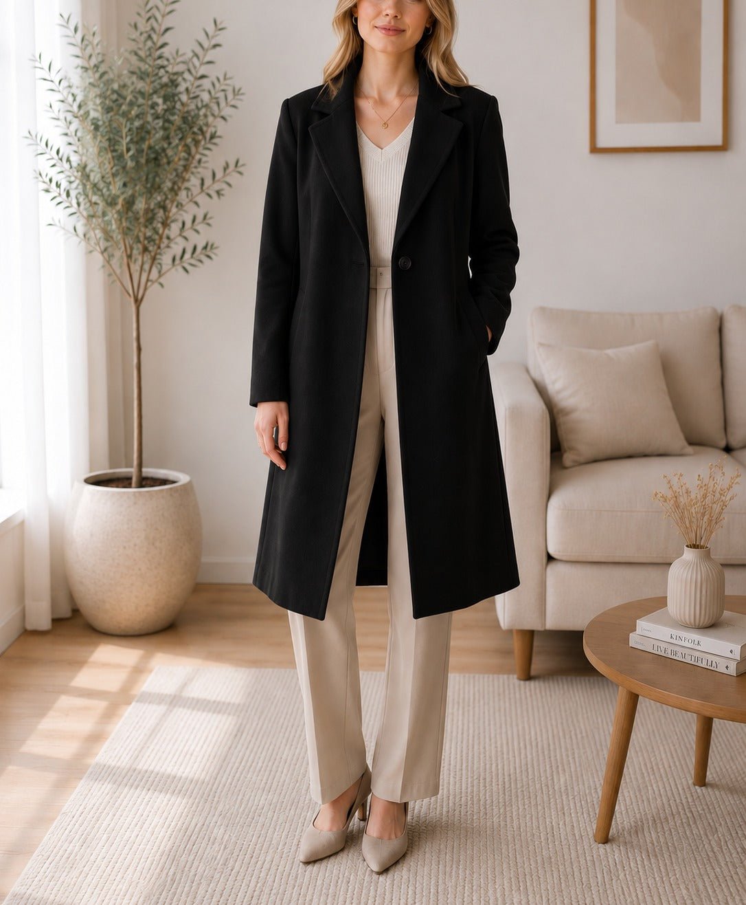 Ladies Black Single Button Melton Open Coat - StylePhase SA