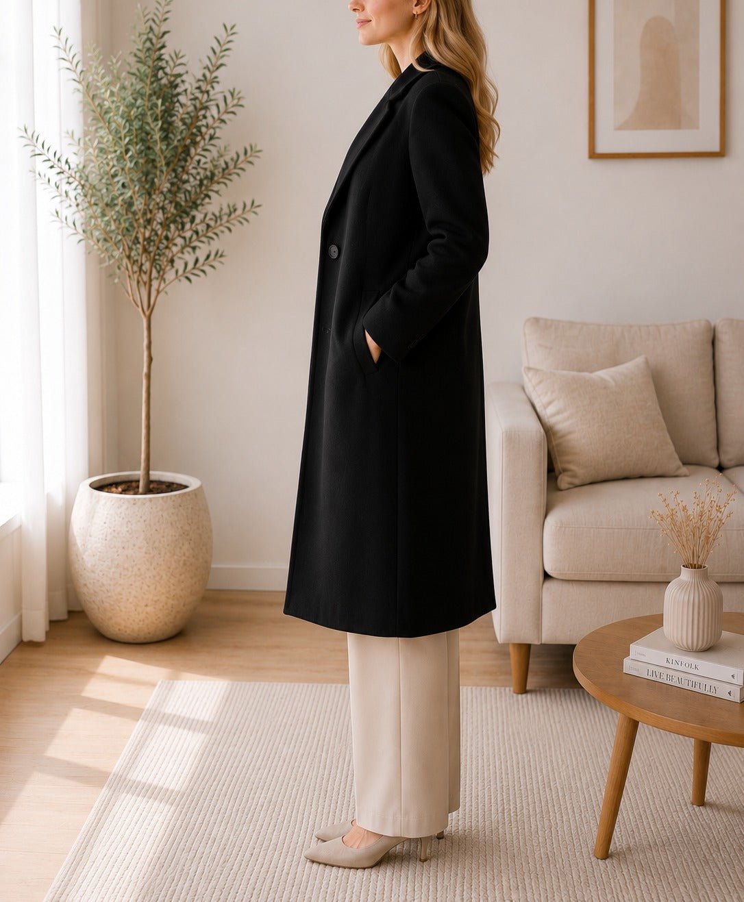 Ladies Black Single Button Melton Open Coat - StylePhase SA