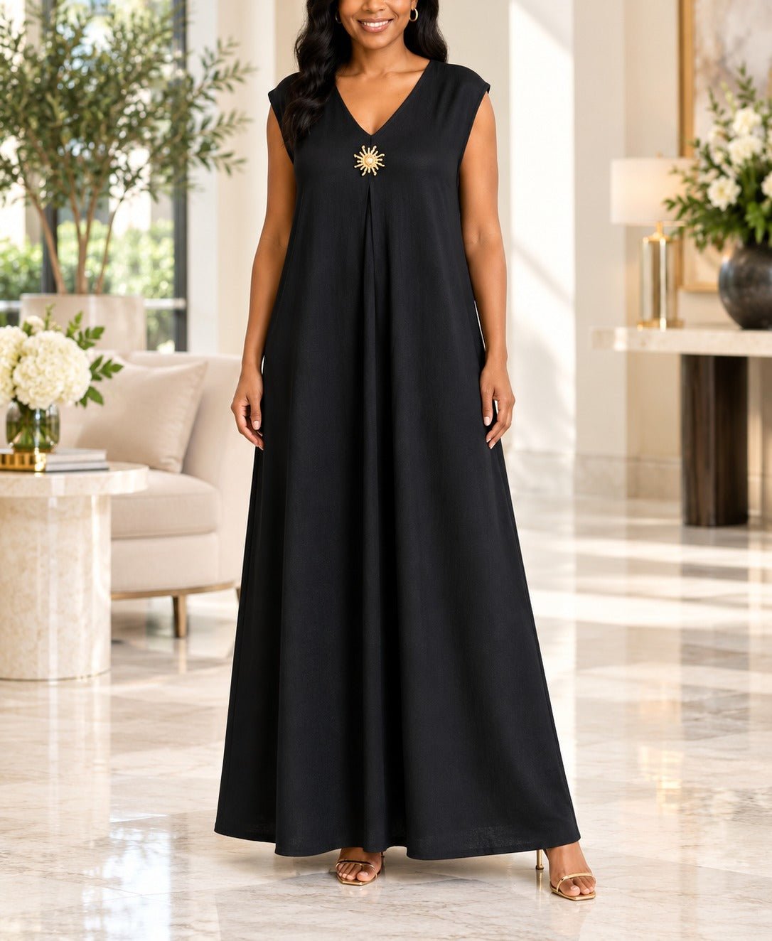 Ladies Black Sleeveless Sunburst Brooch Maxi Dress - StylePhase SA