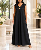 Ladies Black Sleeveless Sunburst Brooch Maxi Dress - StylePhase SA