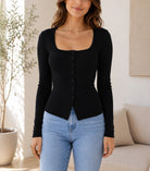 Ladies Black Square Neck Button Knit Cardigan - StylePhase SA