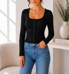 Ladies Black Square Neck Button Top - StylePhase SA