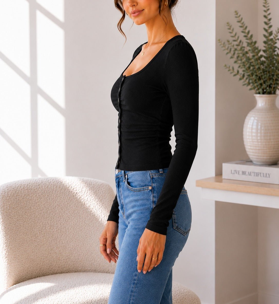 Ladies Black Square Neck Button Top - StylePhase SA