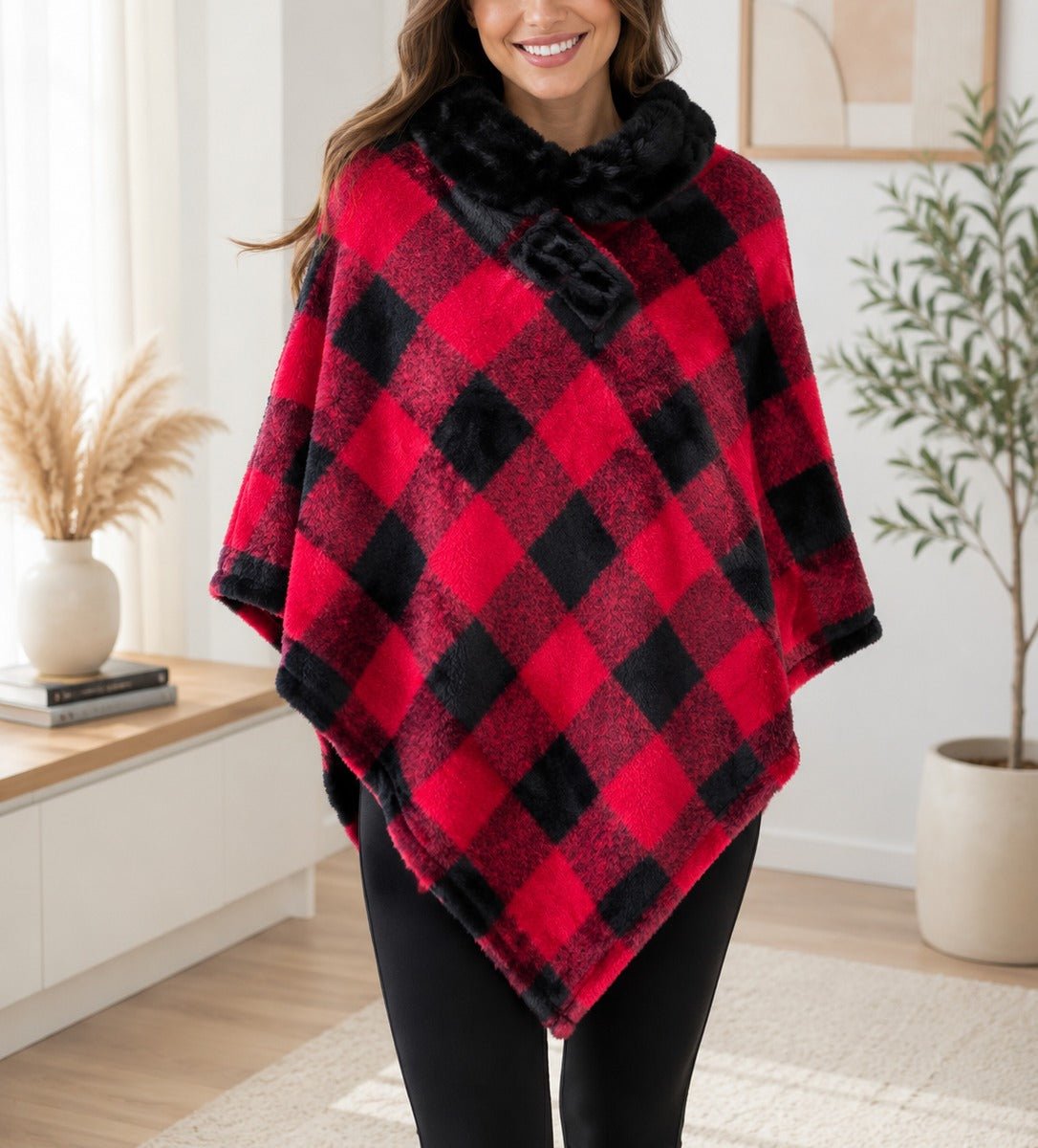 Ladies Black Square Pattern Fur Collar Poncho - StylePhase SA