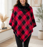 Ladies Black Square Pattern Fur Collar Poncho - StylePhase SA