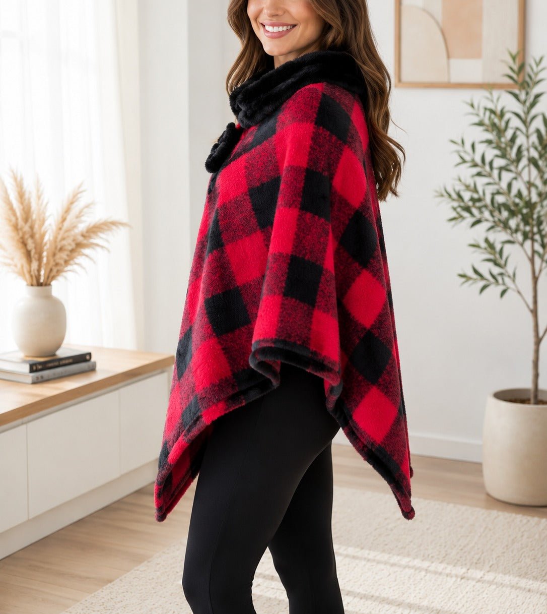 Ladies Black Square Pattern Fur Collar Poncho - StylePhase SA